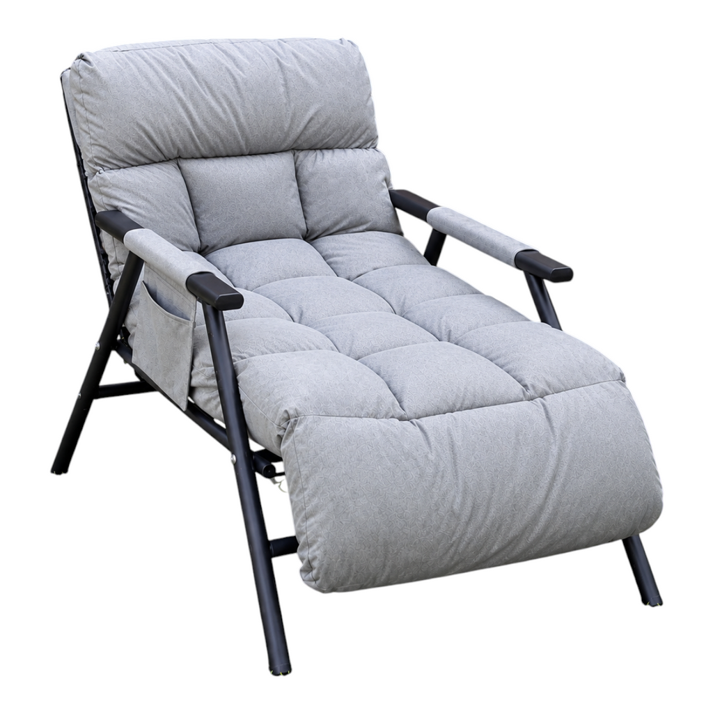 Silla reclinable y mecedora EASY STORE de color gris con estructura metálica y acolchado cómodo en un jardín.