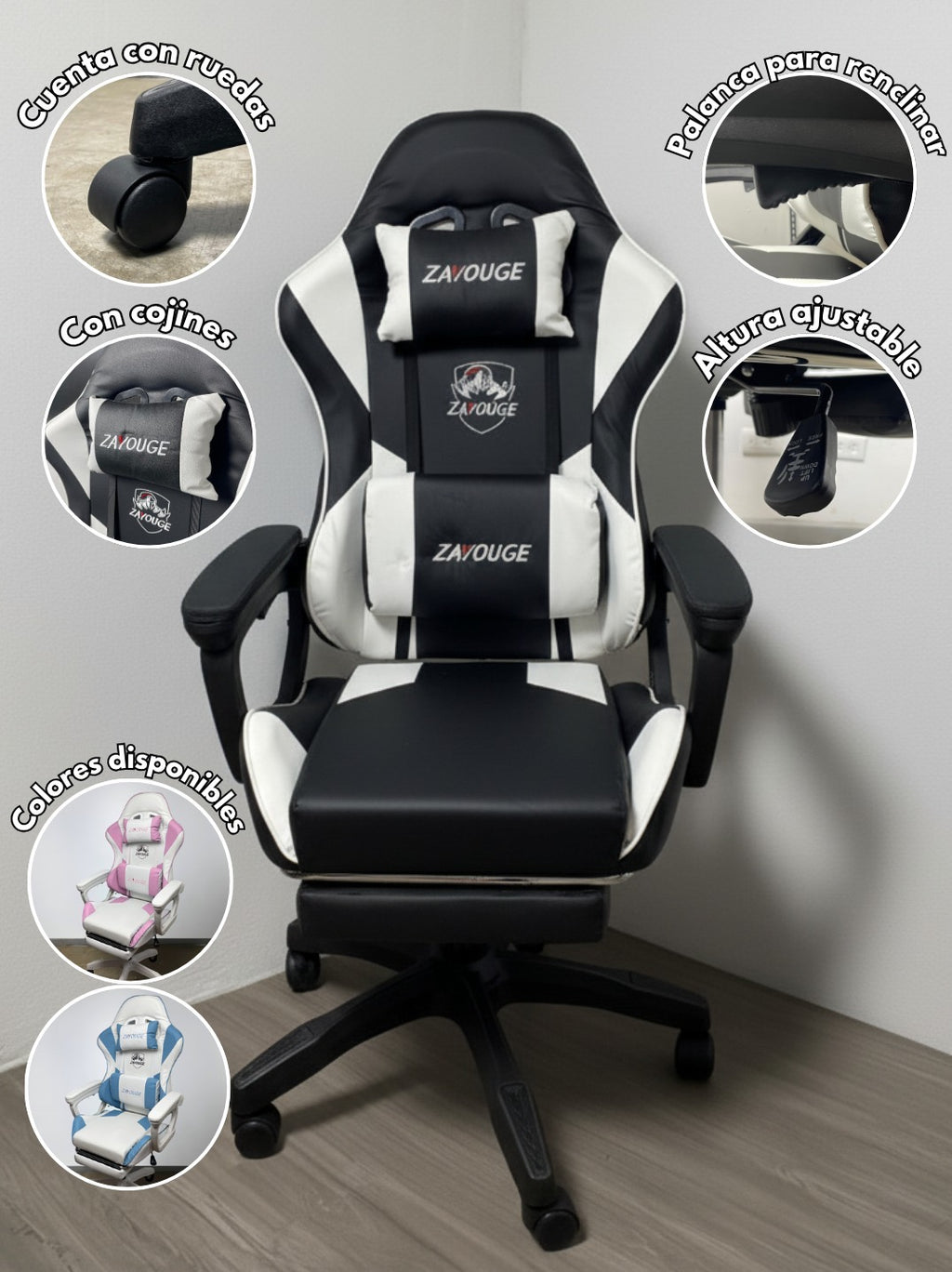 SILLA B/N ESTILO GAMING CON REPOSAPIES