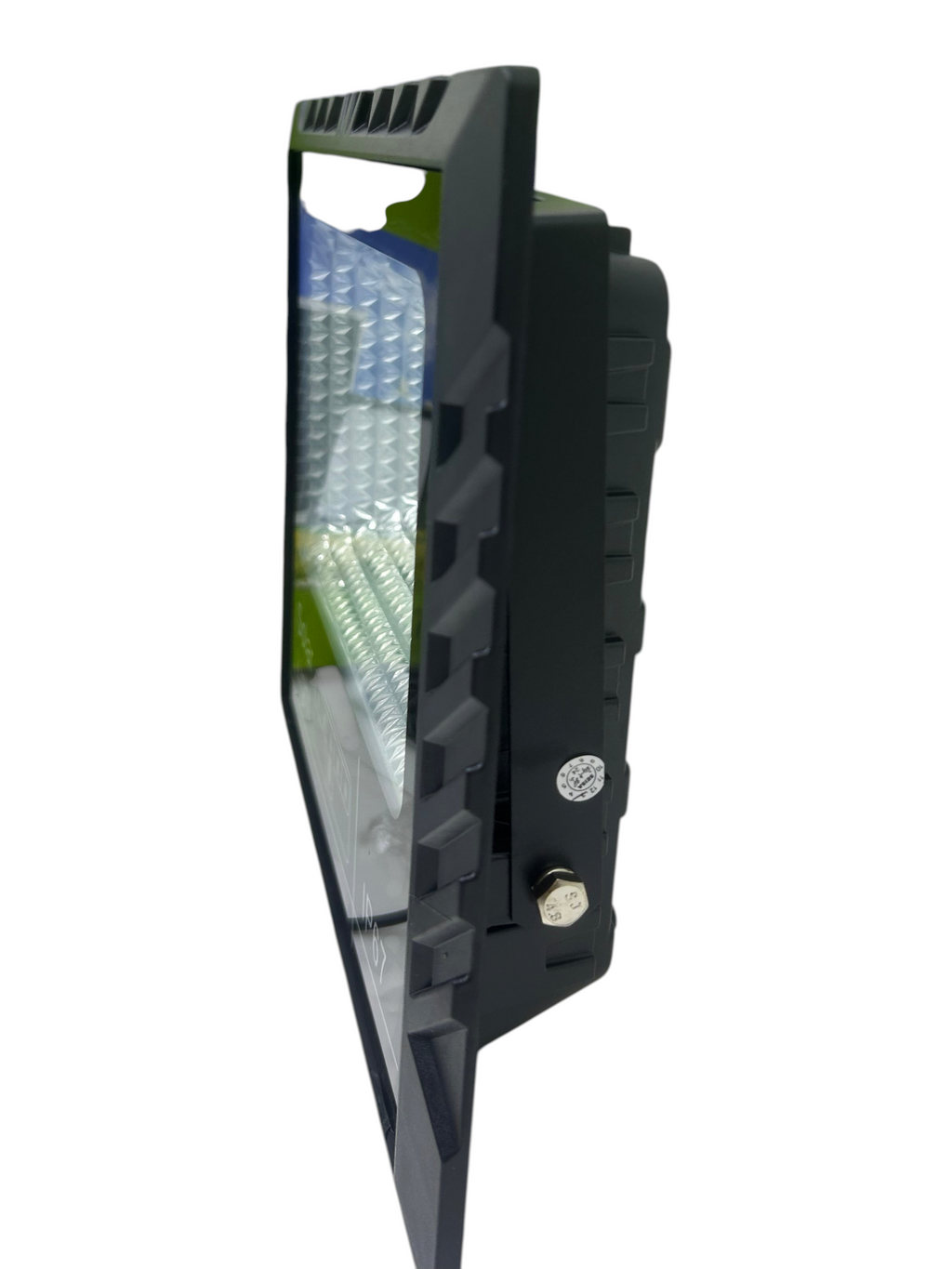 Reflector solar LED de 100W EASY STORE en color negro, vista lateral de la carcasa resistente para exteriores