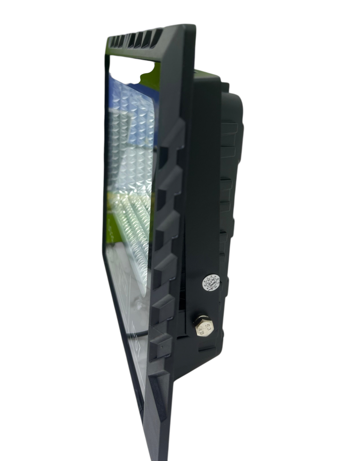 Reflector solar LED de 100W EASY STORE en color negro, vista lateral de la carcasa resistente para exteriores
