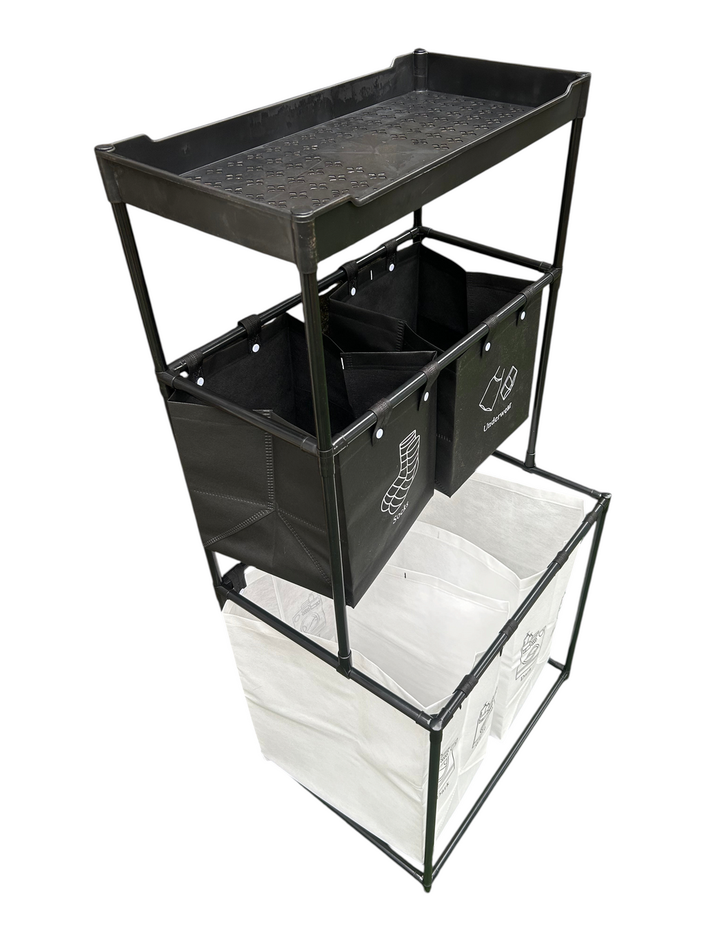Cesta para ropa sucia EASY STORE con estructura de acero, bolsas de tela Oxford y bandeja superior organizadora.