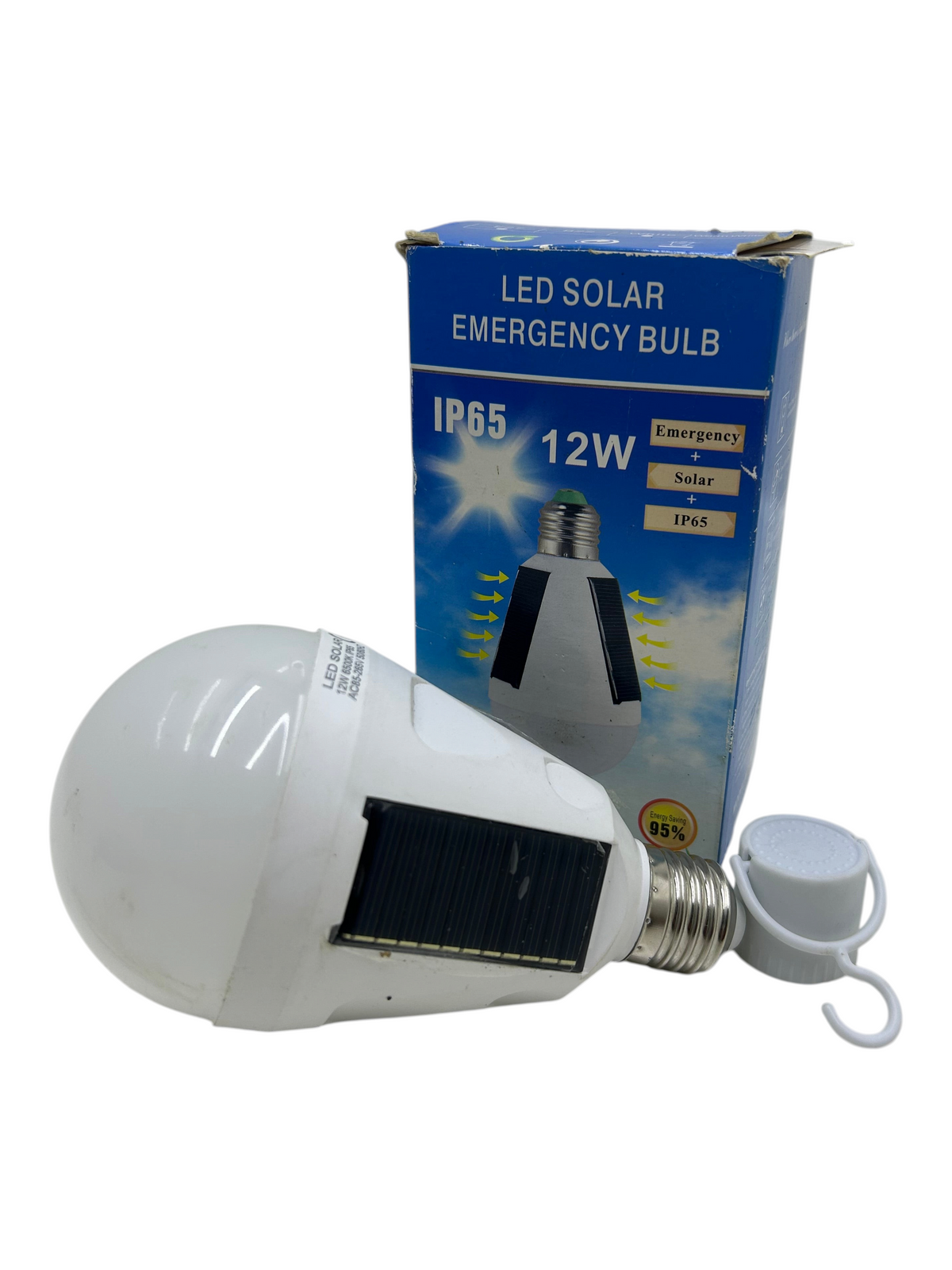 Bombillo LED solar de emergencia 12W EASY STORE con paneles solares integrados y gancho para colgar en caja azul