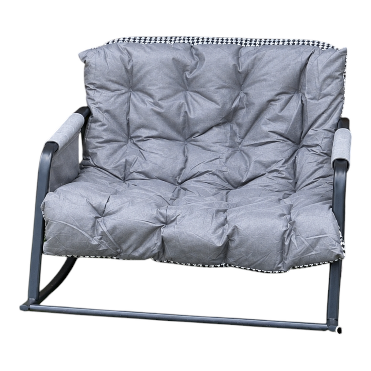Silla mecedora EASY STORE 1970 gris acolchonada con diseño reversible, bolsillo lateral y apoyabrazos cómodos.