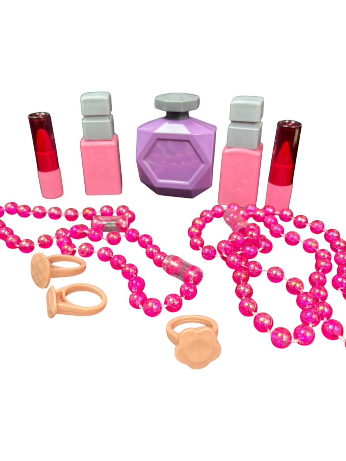 Accesorios de maquillaje de juguete EASY STORE con labiales, frasco de perfume, collares de cuentas y anillos rosas