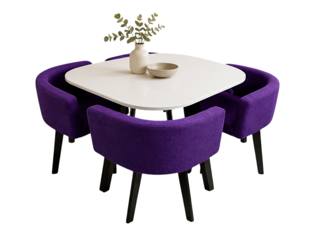 Juego de comedor EASY STORE con mesa blanca y cuatro sillas tapizadas en color morado con patas negras modernas