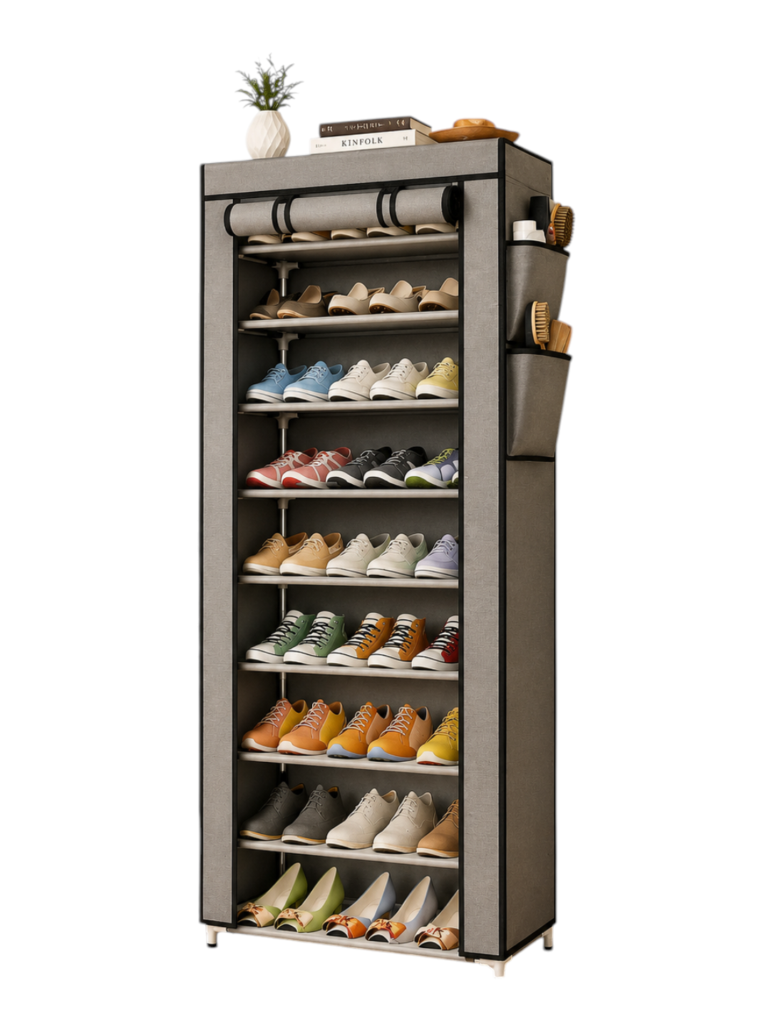 Zapatera EASY STORE gris de 8 niveles con cubierta enrollable, estructura de acero y bolsillos laterales organizadores