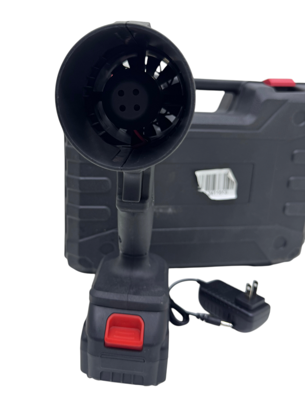 Soplador inalámbrico turbo EASY STORE de color negro con batería de 48V, cargador y estuche de transporte rígido.