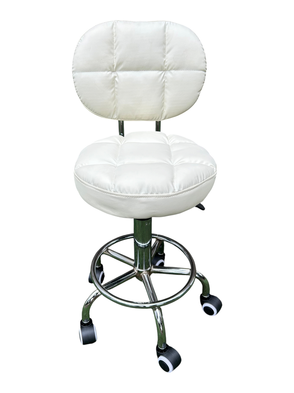 Silla giratoria EASY STORE blanca con respaldo acolchado, altura ajustable, base cromada y ruedas para salón
