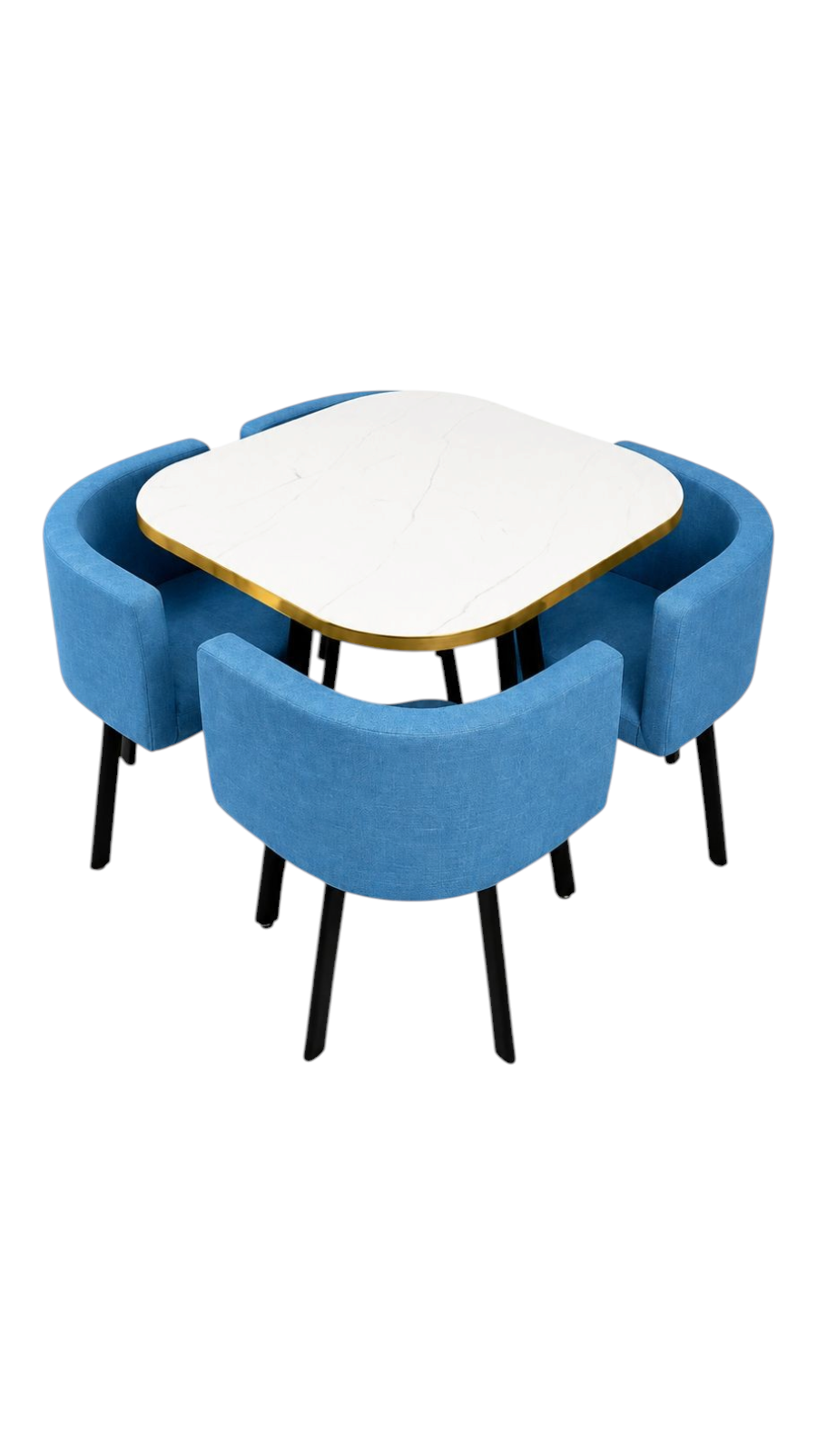 Juego de comedor EASY STORE con mesa cuadrada efecto mármol y 4 sillas azules tapizadas con patas metálicas negras