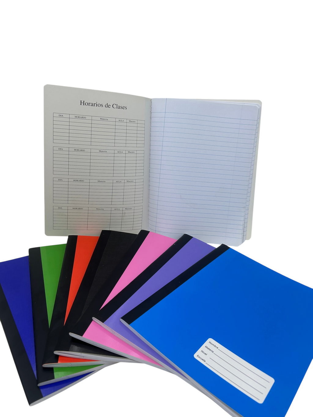 Cuaderno escolar EASY STORE cosido con 100 páginas rayadas y horario de clases, disponible en varios colores vivos