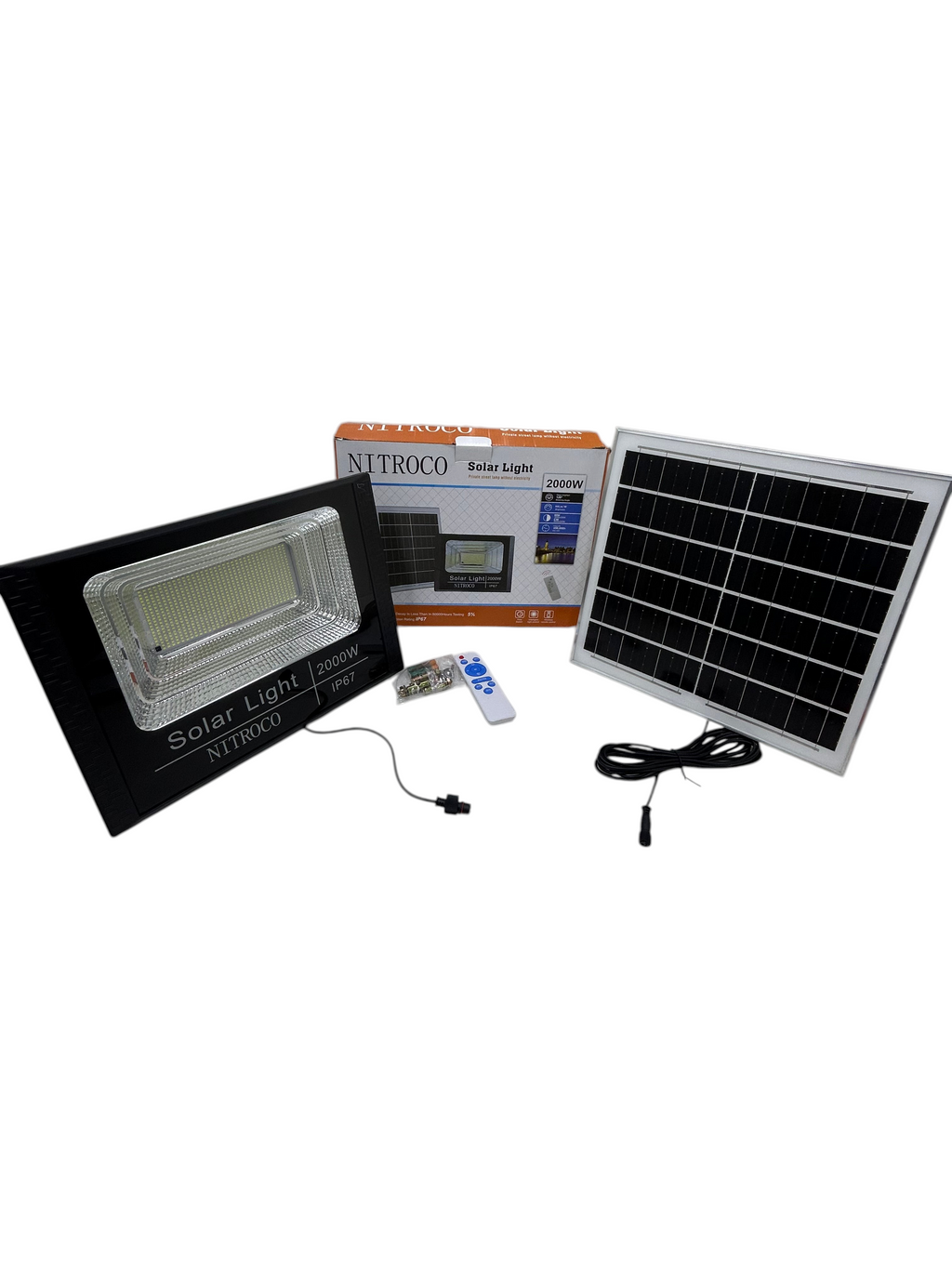 Reflector solar LED 2000W NITROCO de EASY STORE con panel solar, control remoto y carcasa de aluminio resistente