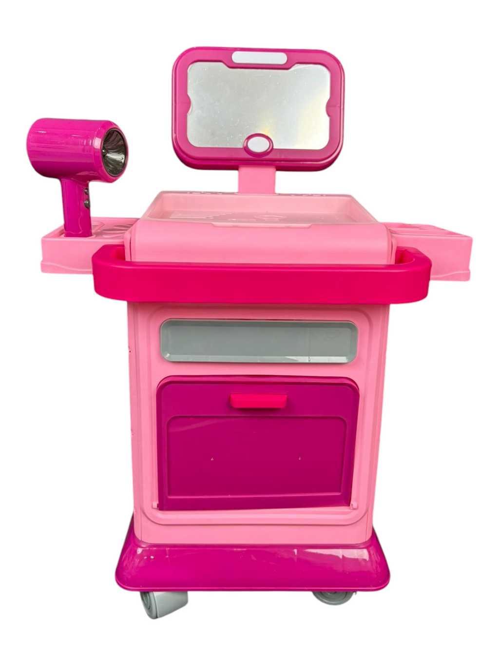 Tocador de juguete EASY STORE color rosa con espejo y secador de pelo para niñas, incluye accesorios de maquillaje