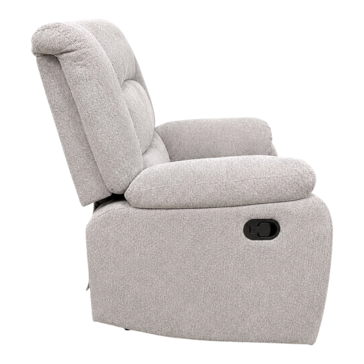Sillón reclinable EASY STORE de color gris con acolchado grueso, reposabrazos suaves y palanca lateral manual.