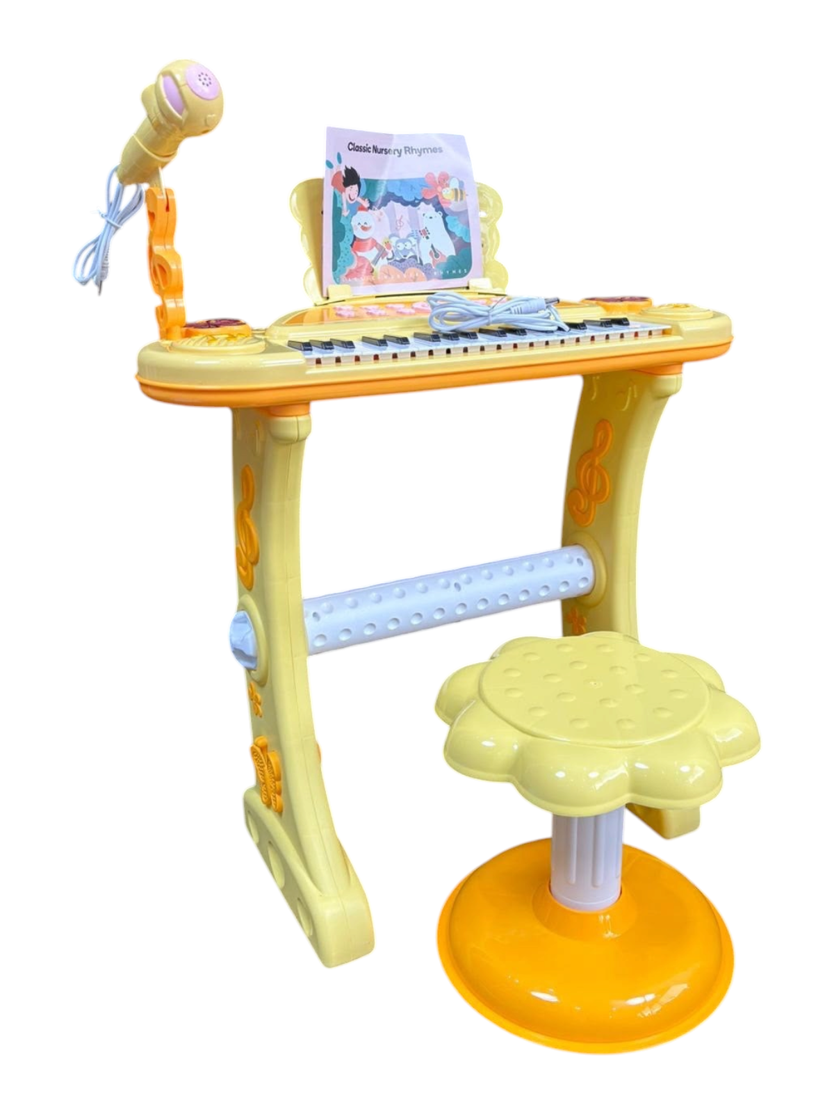 Piano electrónico infantil amarillo EASY STORE con 37 teclas, micrófono, atril y banquito a juego para niños