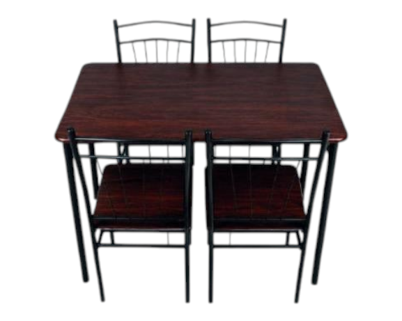 Juego de comedor EASY STORE con mesa y 4 sillas de diseño geométrico en tono madera café y estructura metálica negra