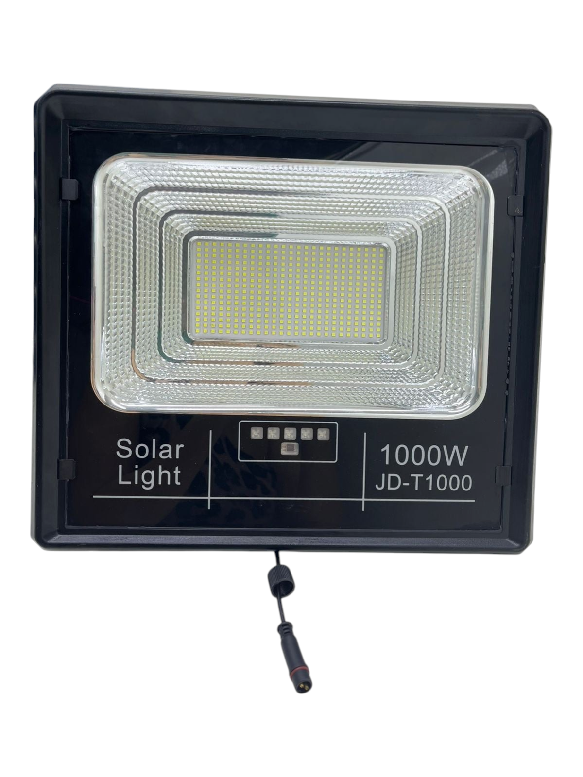 Reflector solar EASY STORE de 1000W modelo JD-T1000 con carcasa negra y panel LED de alta eficiencia lumínica