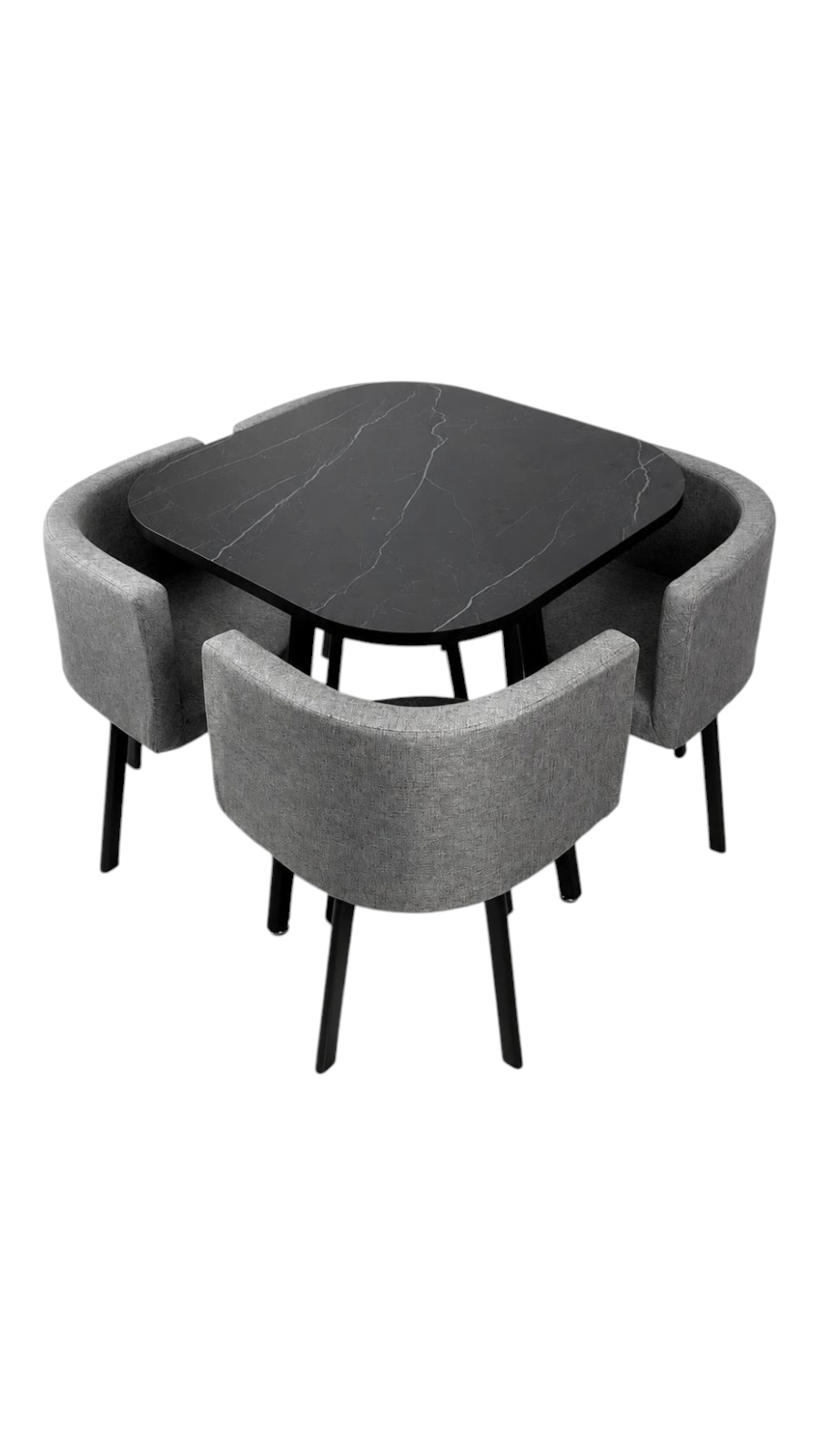 Juego de comedor EASY STORE con mesa cuadrada efecto mármol negro y cuatro sillas tapizadas en gris con patas negras