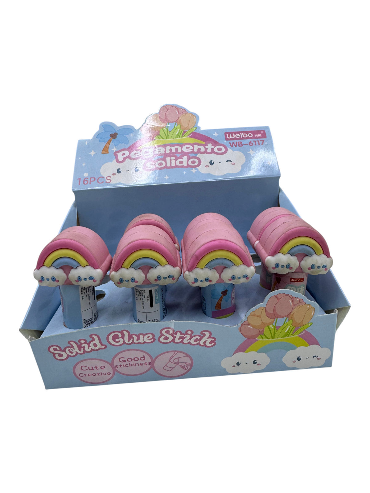 Goma en barra EASY STORE con diseño de arcoíris y nubes, pegamento escolar divertido en caja expositora de 16 piezas
