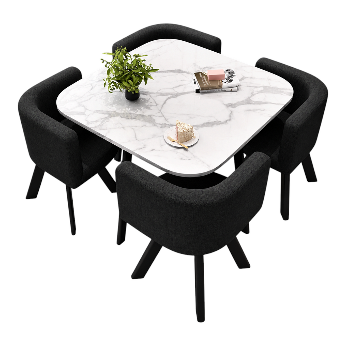 Juego de comedor EASY STORE con mesa cuadrada efecto mármol y 4 sillas tapizadas en color azul con base metálica negra