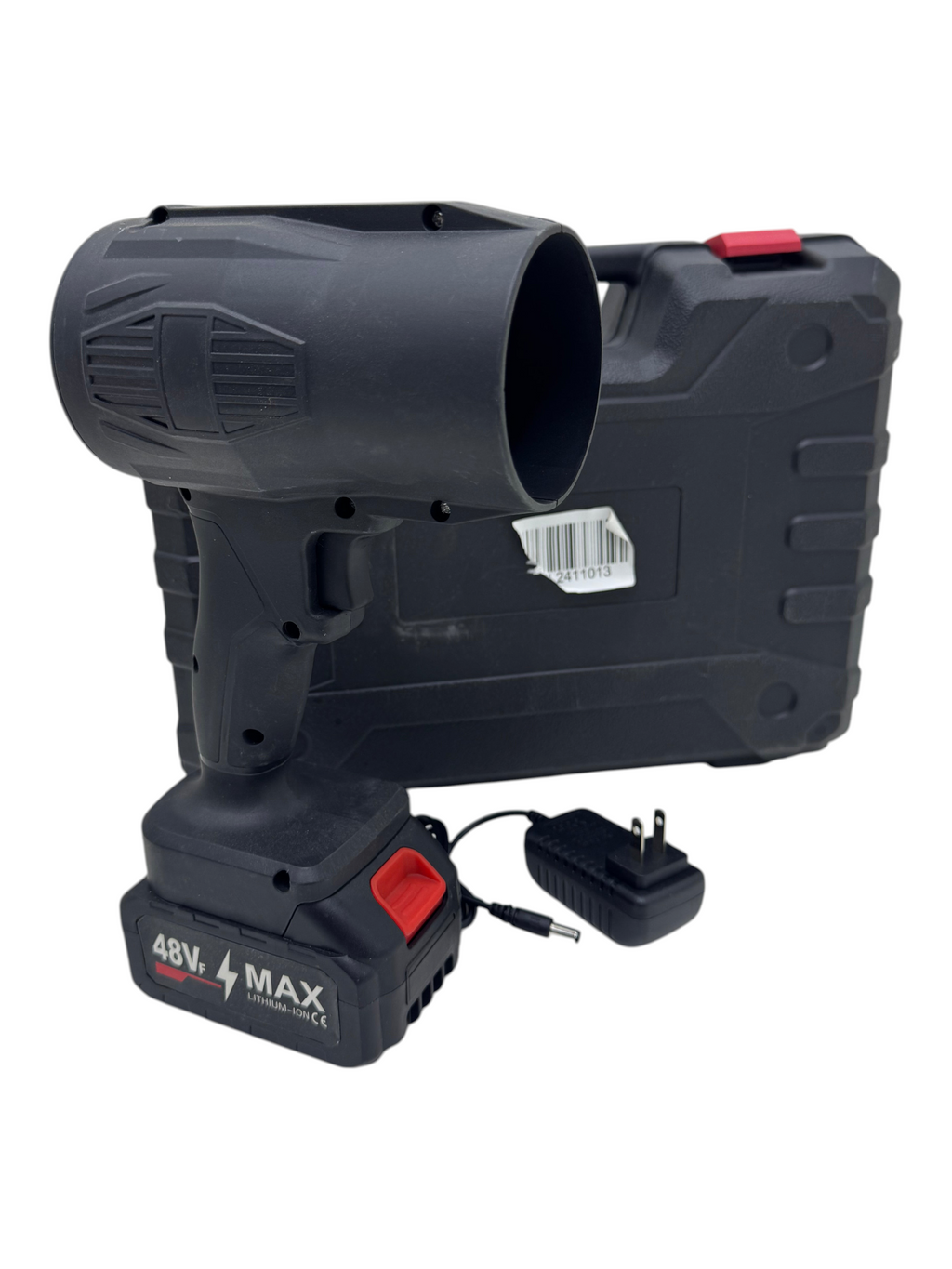 Soplador inalámbrico turbo EASY STORE de color negro con batería de 48V, cargador y estuche de transporte rígido.