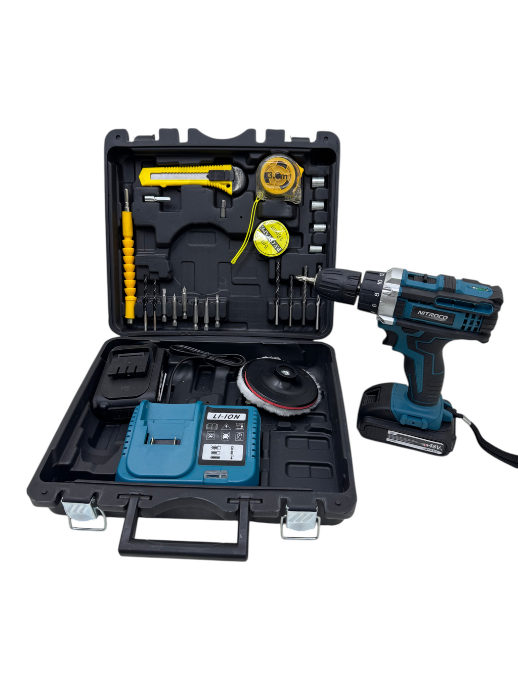 Kit de taladro inalámbrico EASY STORE de 48V con maletín, cargador, brocas y accesorios en color azul y negro.