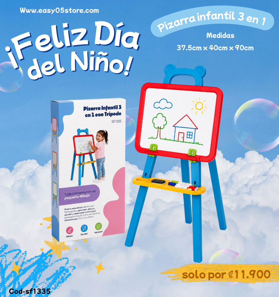 Pizarra infantil 3 en 1 con trípode