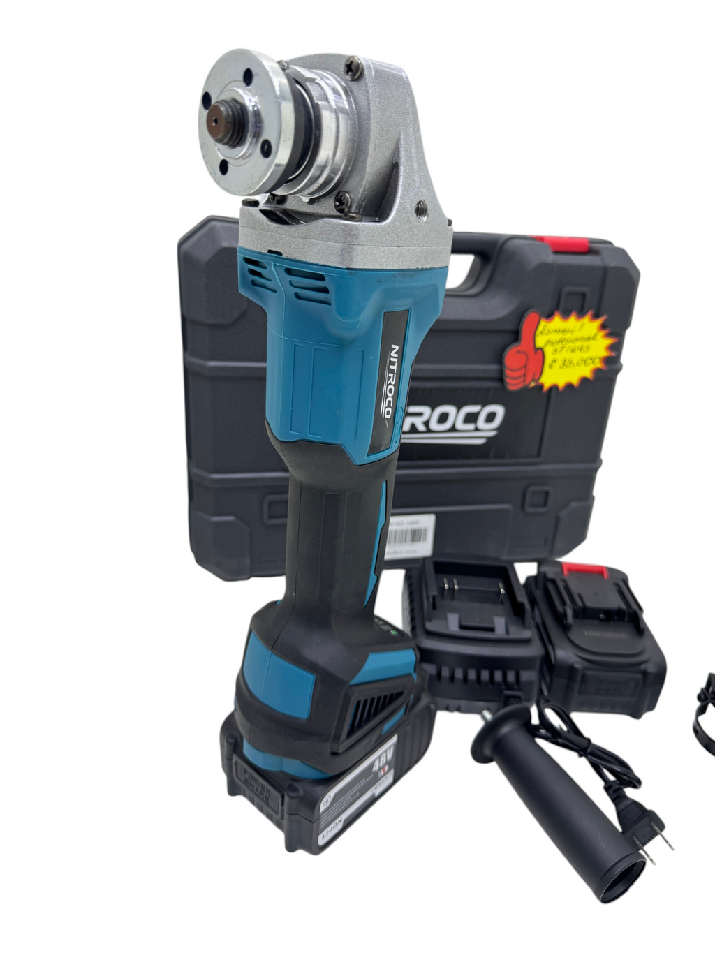 Esmeril inalámbrico EASY STORE de 48V en color azul y negro con dos baterías, cargador, mango y maletín de transporte