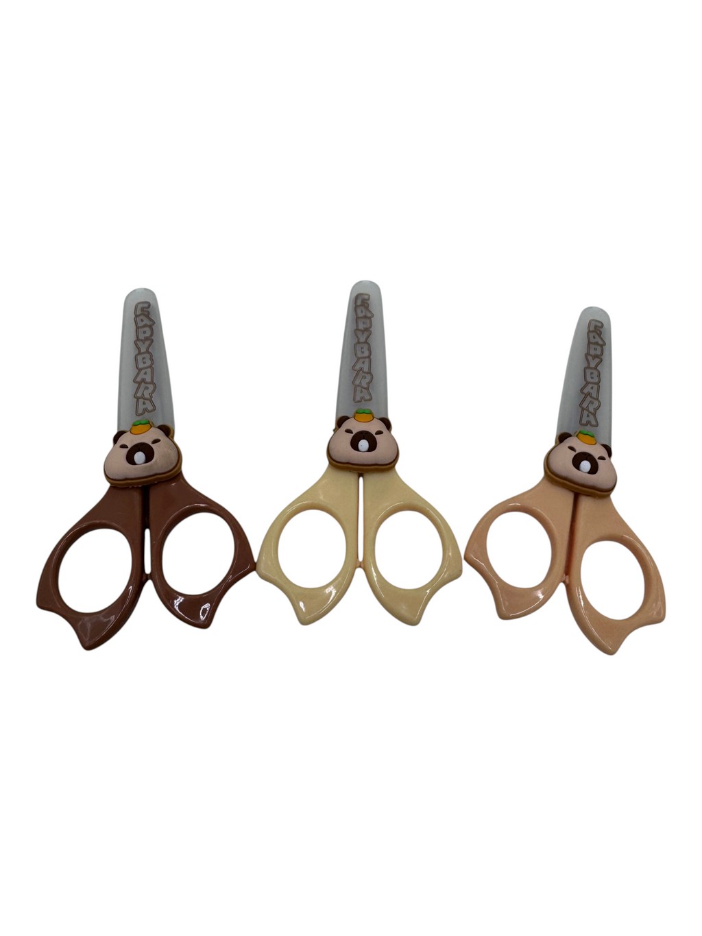 Tijeras escolares EASY STORE con diseño de capibara en colores marrón, crema y beige para manualidades infantiles.