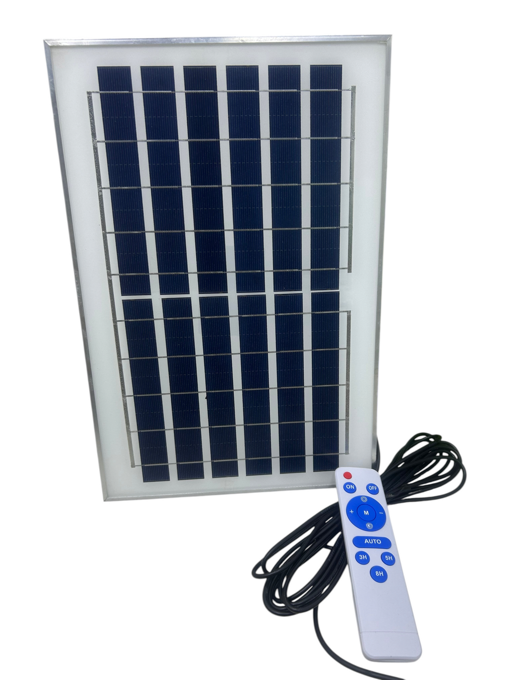 Panel solar EASY STORE de 100W con control remoto para iluminación exterior, diseño rectangular y cable negro.