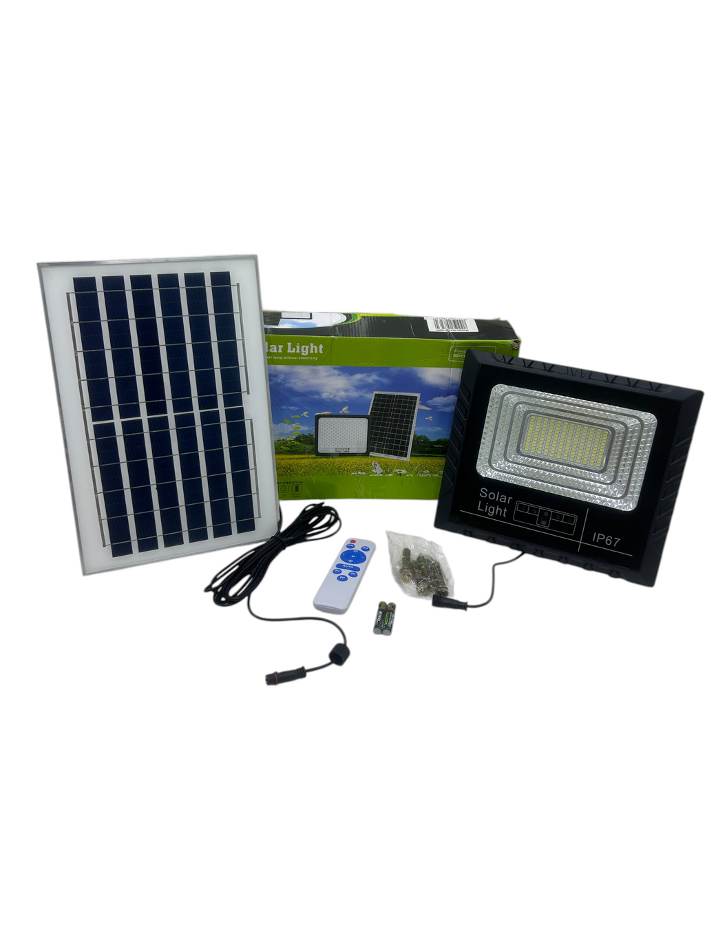 Reflector solar LED de 100W EASY STORE con panel independiente, control remoto y accesorios para iluminación exterior.