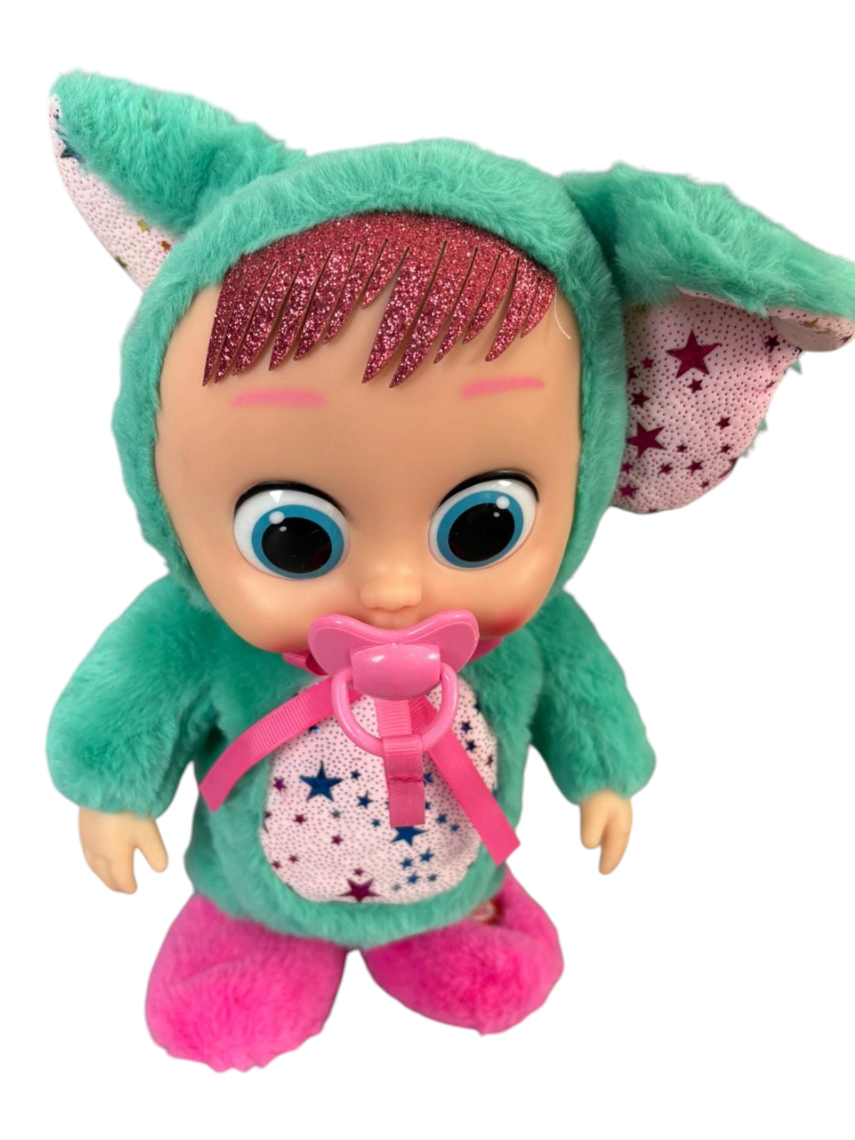 Muñeca interactiva EASY STORE de 30cm con disfraz de animalito verde y rosa, felpa suave y chupeta removible
