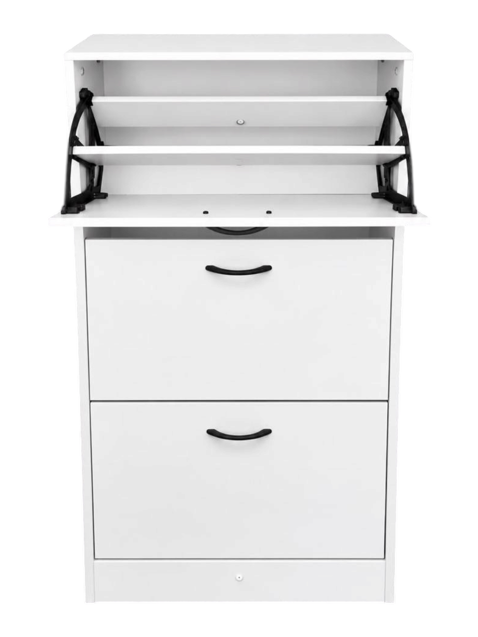 Zapatera vertical EASY STORE de MDF blanco con tres compartimentos abatibles y tiradores negros modernos
