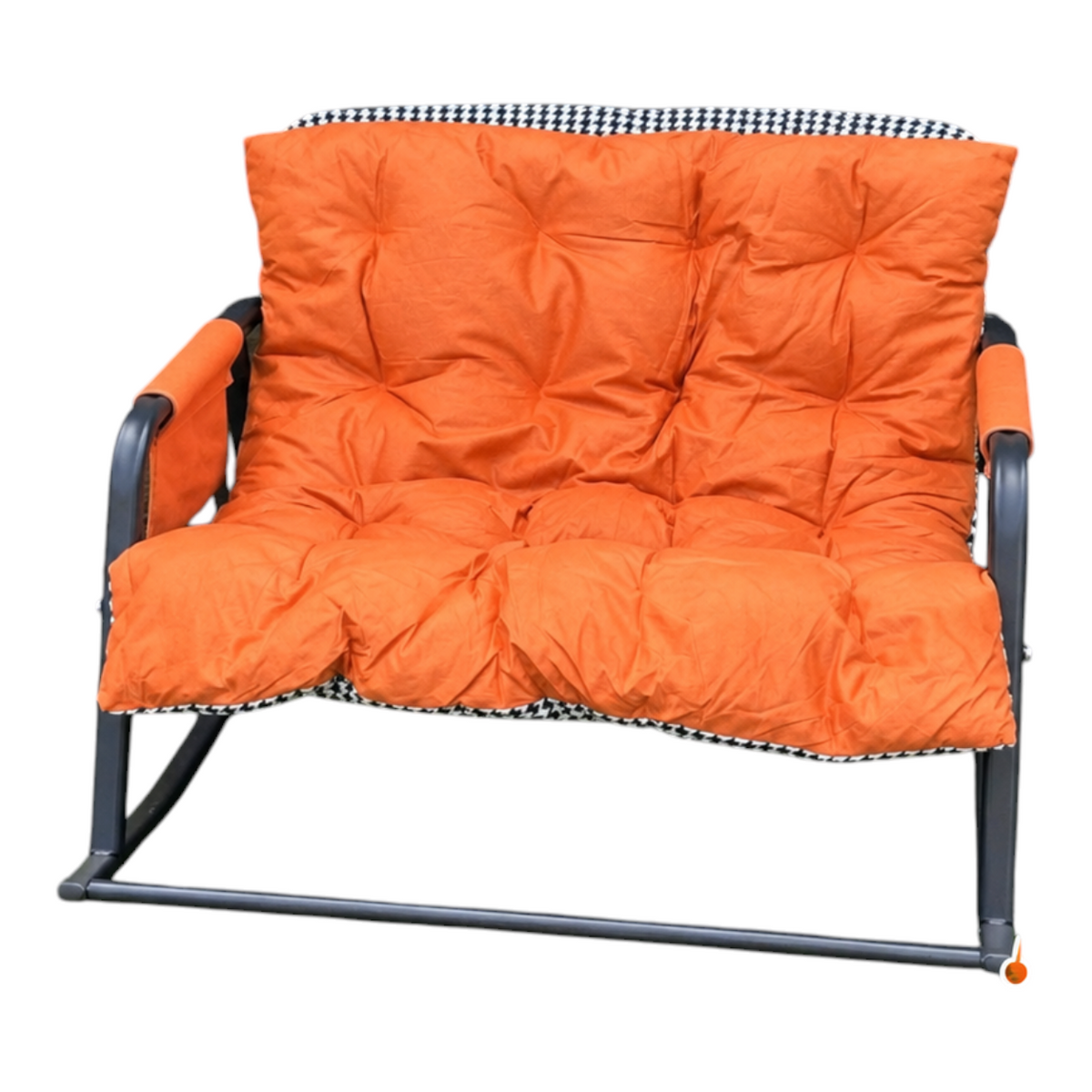 Silla mecedora EASY STORE 1970 con asiento acolchonado naranja, estructura metálica y diseño reversible estampado.