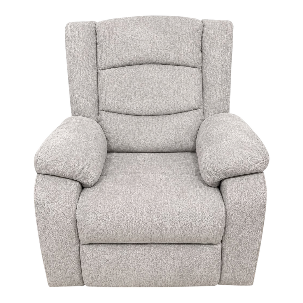 Sillón reclinable EASY STORE de color gris con acolchado grueso, reposabrazos suaves y diseño ergonómico para descanso.