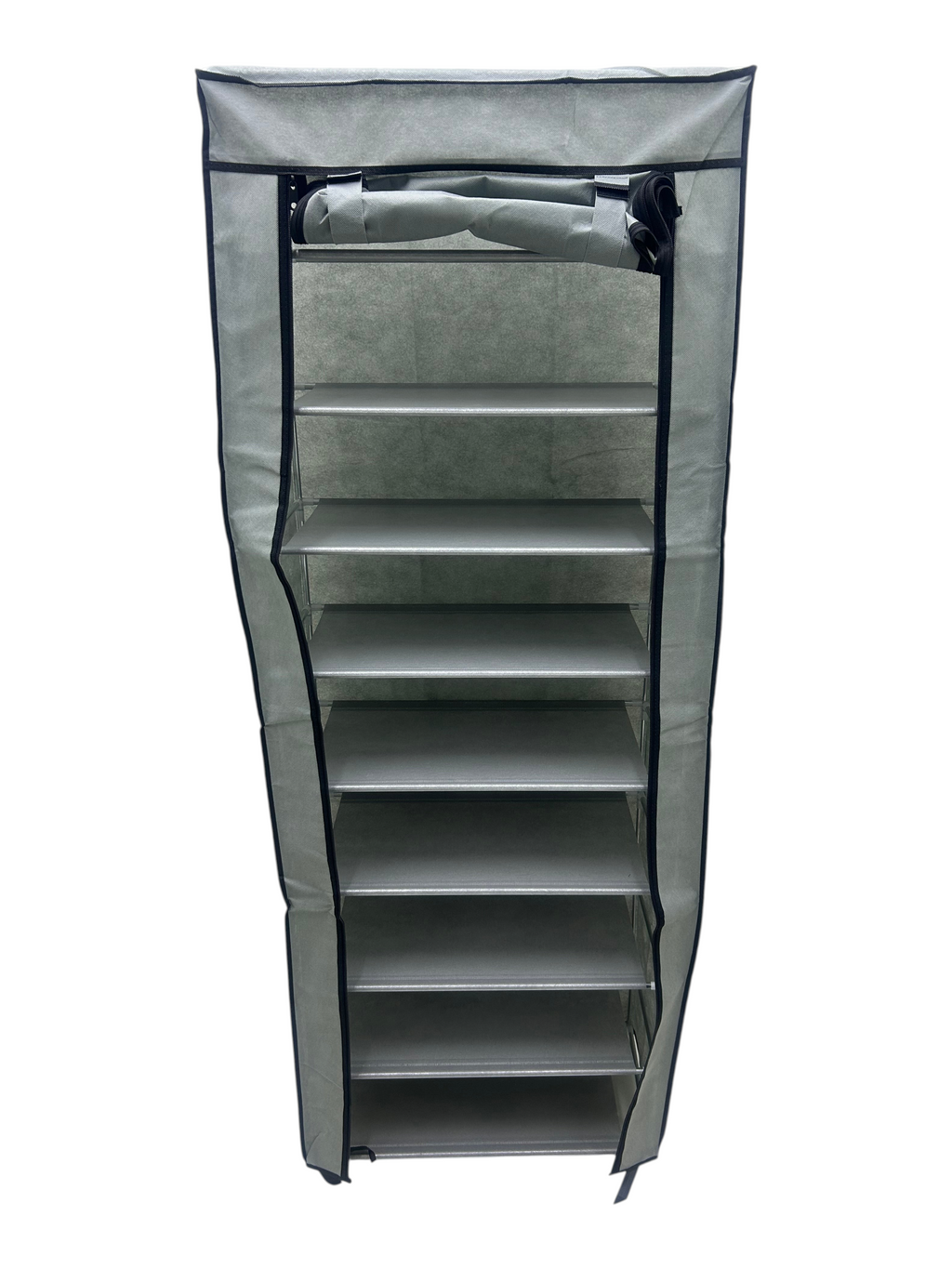 Zapatera EASY STORE de 8 niveles en color gris con cubierta enrollable de poliéster y cierre de zipper