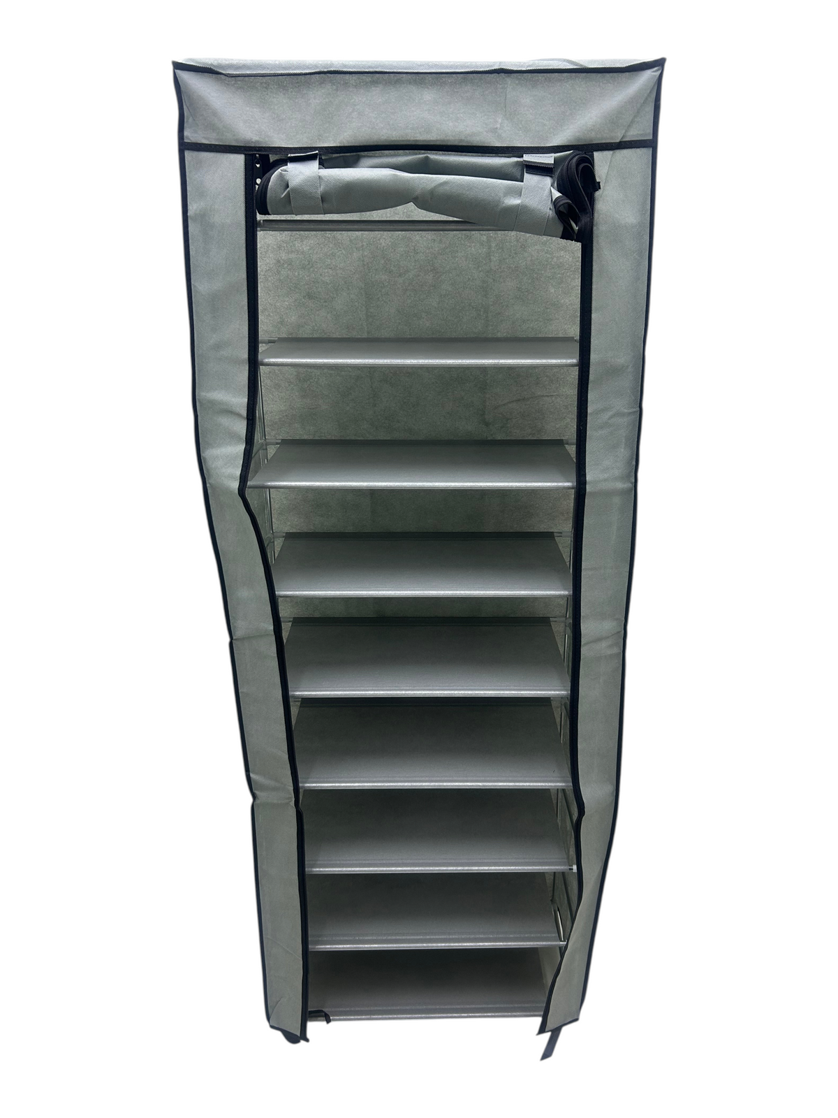 Zapatera EASY STORE de 8 niveles en color gris con cubierta enrollable de poliéster y cierre de zipper