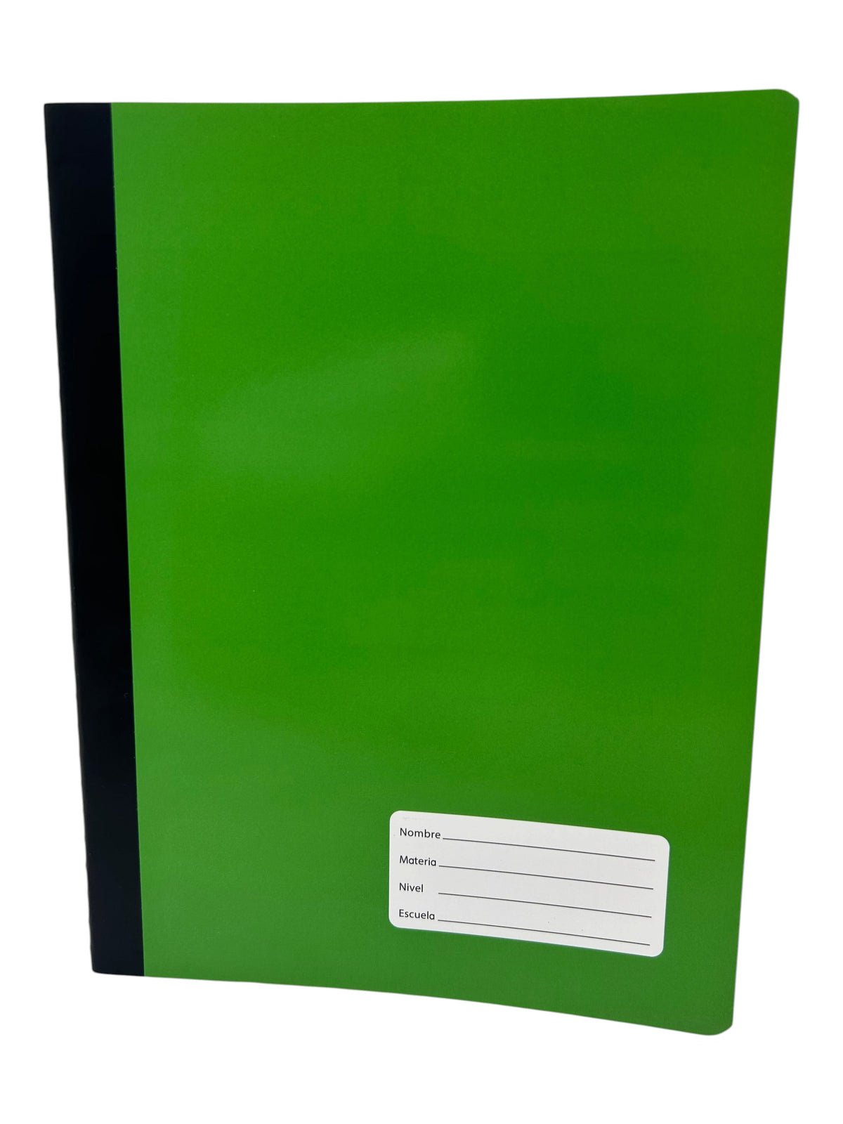 Cuaderno escolar EASY STORE verde con encuadernación cosida, 50 hojas y etiqueta frontal para datos personales.
