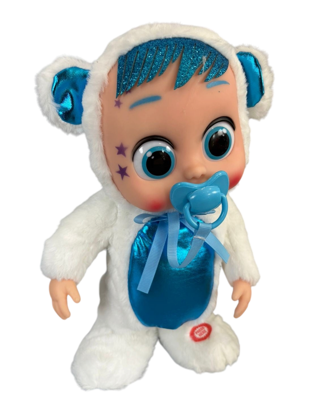 Muñeca interactiva EASY STORE de 30cm con disfraz de animalito blanco y azul, felpa suave y chupeta removible