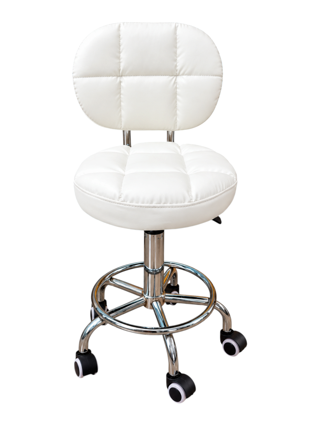 Silla giratoria EASY STORE blanca con respaldo acolchado, altura ajustable y base cromada con ruedas.