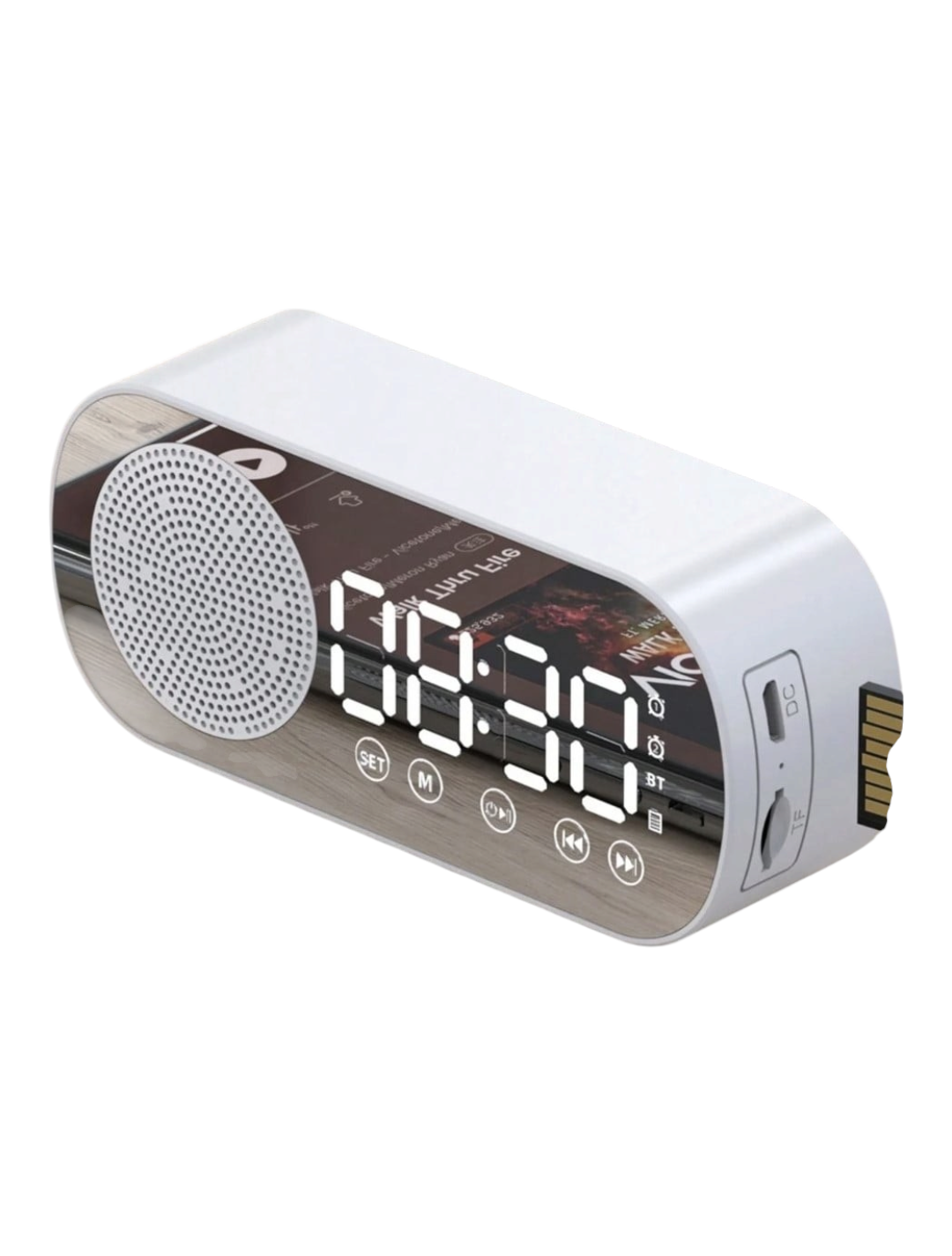 Reloj despertador digital EASY STORE blanco con pantalla de espejo, altavoz Bluetooth y ranura para tarjeta microSD