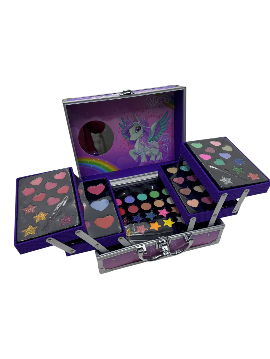 Maleta de maquillaje infantil EASY STORE con diseño de unicornio, espejos y sombras en formas de corazón y estrella.