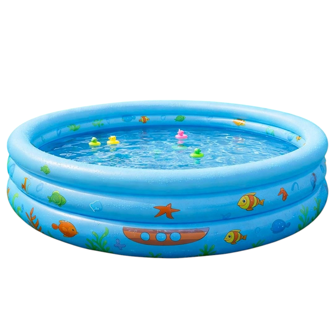 Piscina inflable redonda EASY STORE de 90cm en color azul con diseño de peces y figuras marinas para niños
