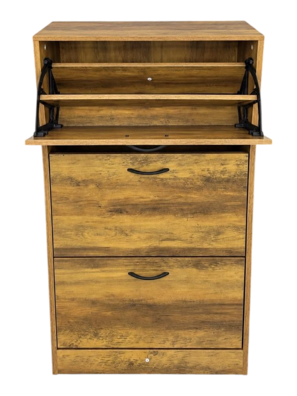 Zapatera vertical EASY STORE de madera MDF con tres compartimentos abatibles y tiradores negros modernos