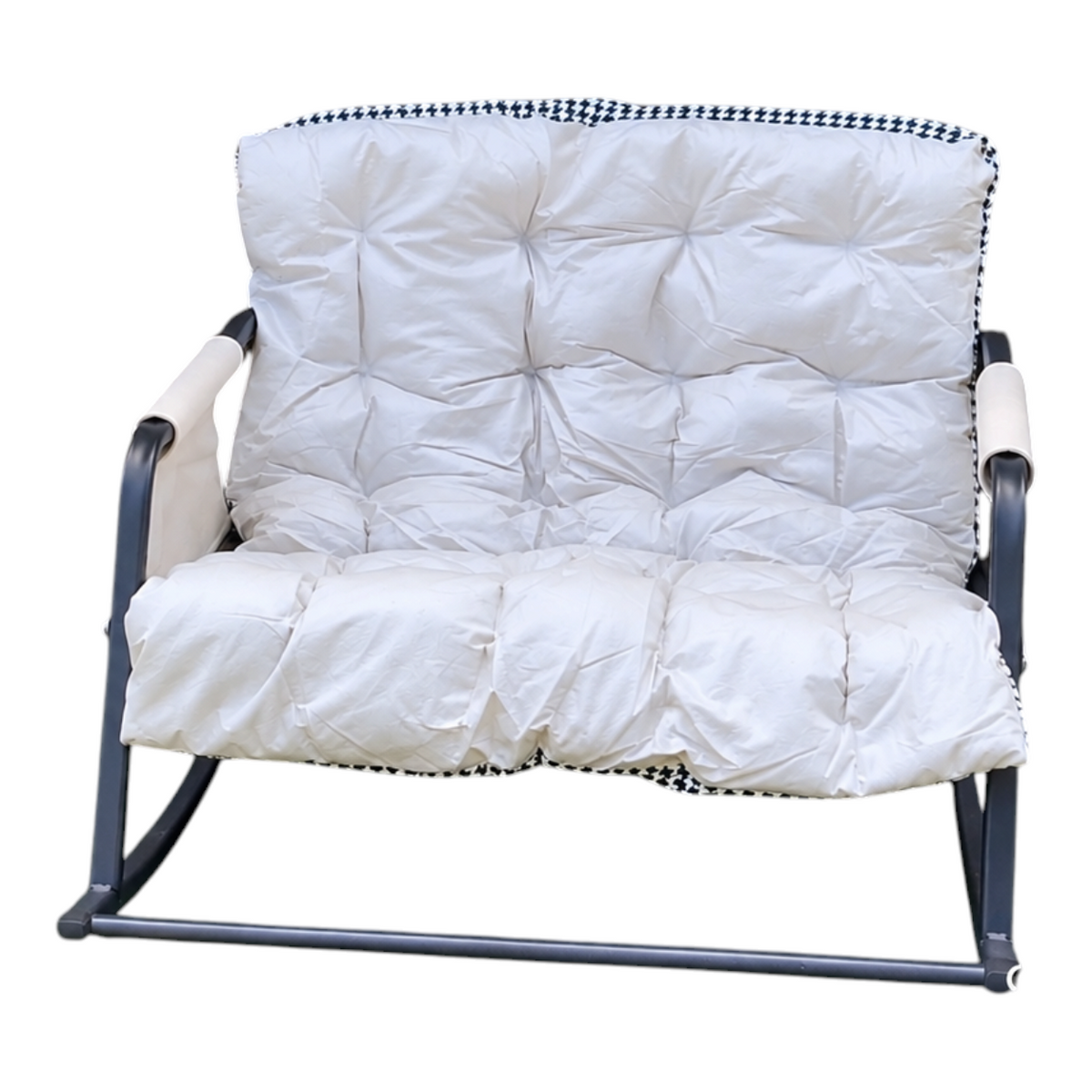 Silla mecedora EASY STORE 1970 con acolchado blanco reversible, estructura negra y apoyabrazos cómodos.
