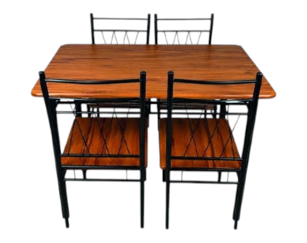 Juego de comedor EASY STORE con mesa efecto madera y 4 sillas metálicas de respaldo geométrico en color café natural