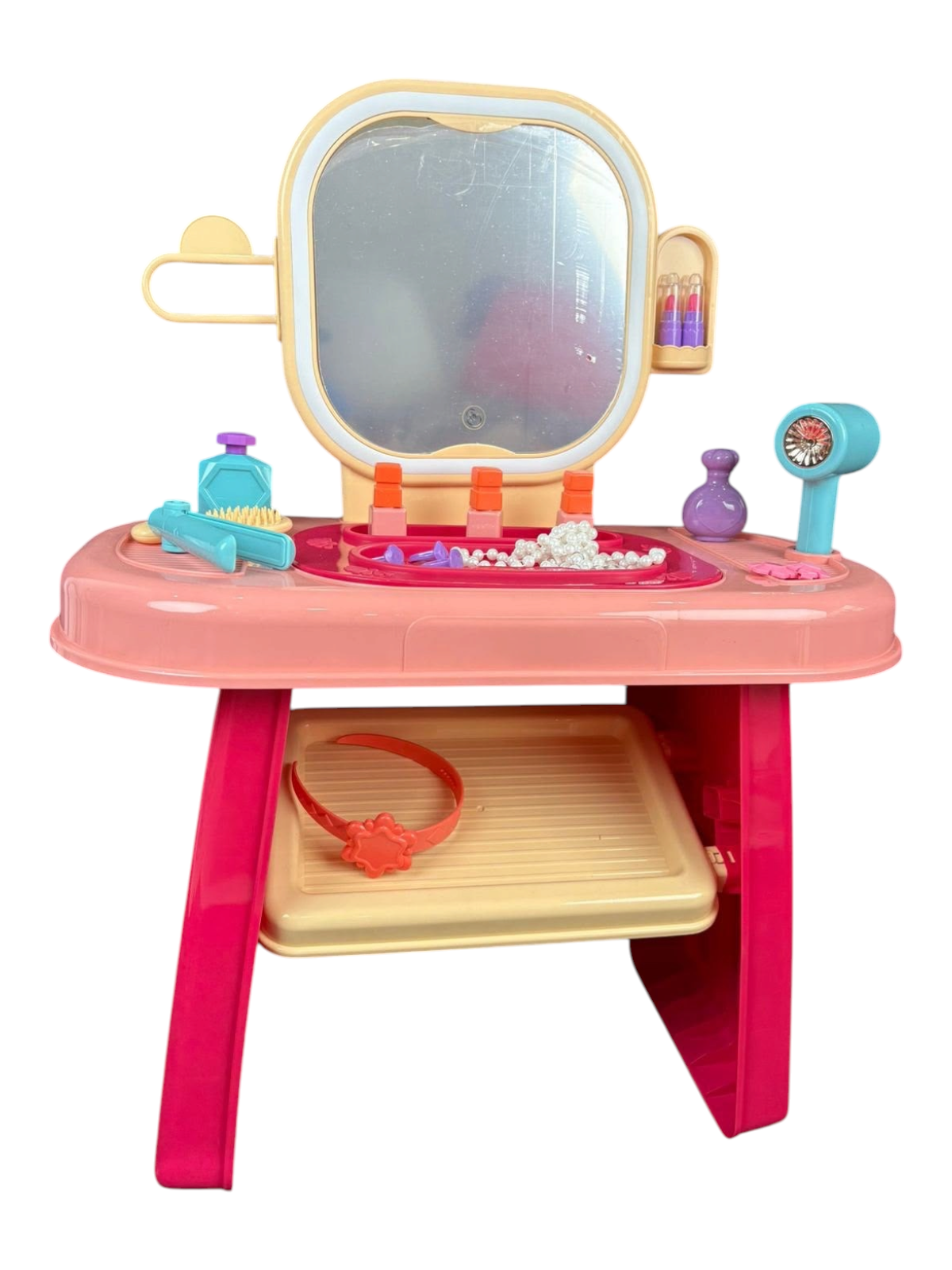 Tocador de juguete EASY STORE con espejo LED, accesorios de maquillaje y secador para niñas en color rosa y crema