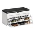 Zapatera banco EASY STORE de color blanco con asiento acolchado negro y tres niveles de almacenamiento para zapatos