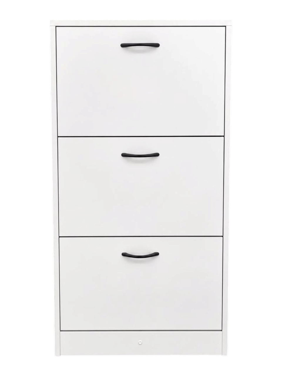 Zapatera vertical EASY STORE de MDF blanco con tres compartimentos abatibles y tiradores negros modernos