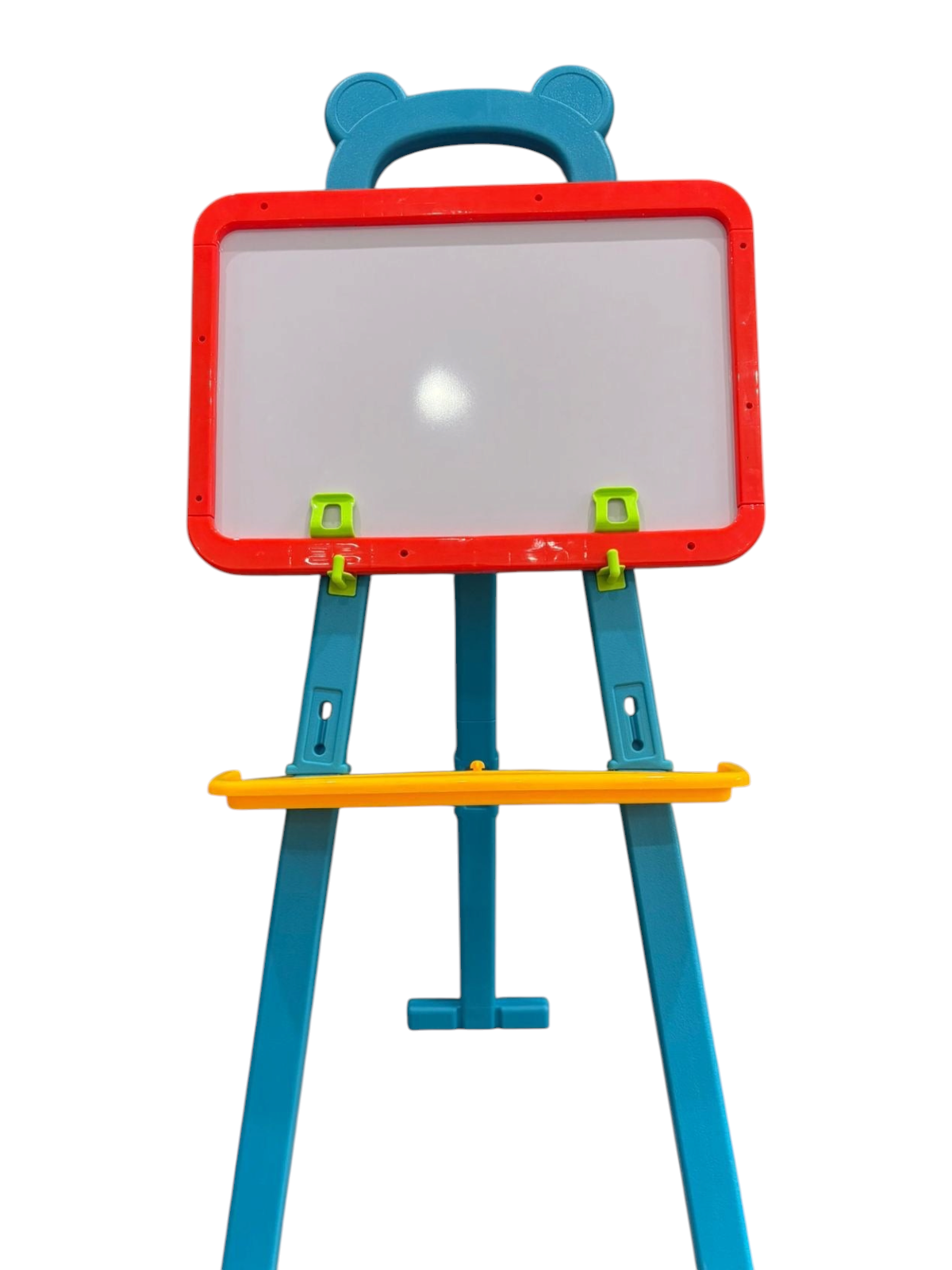 Pizarra infantil 3 en 1 EASY STORE con trípode plegable, marco rojo y estructura azul, incluye bandeja de accesorios.