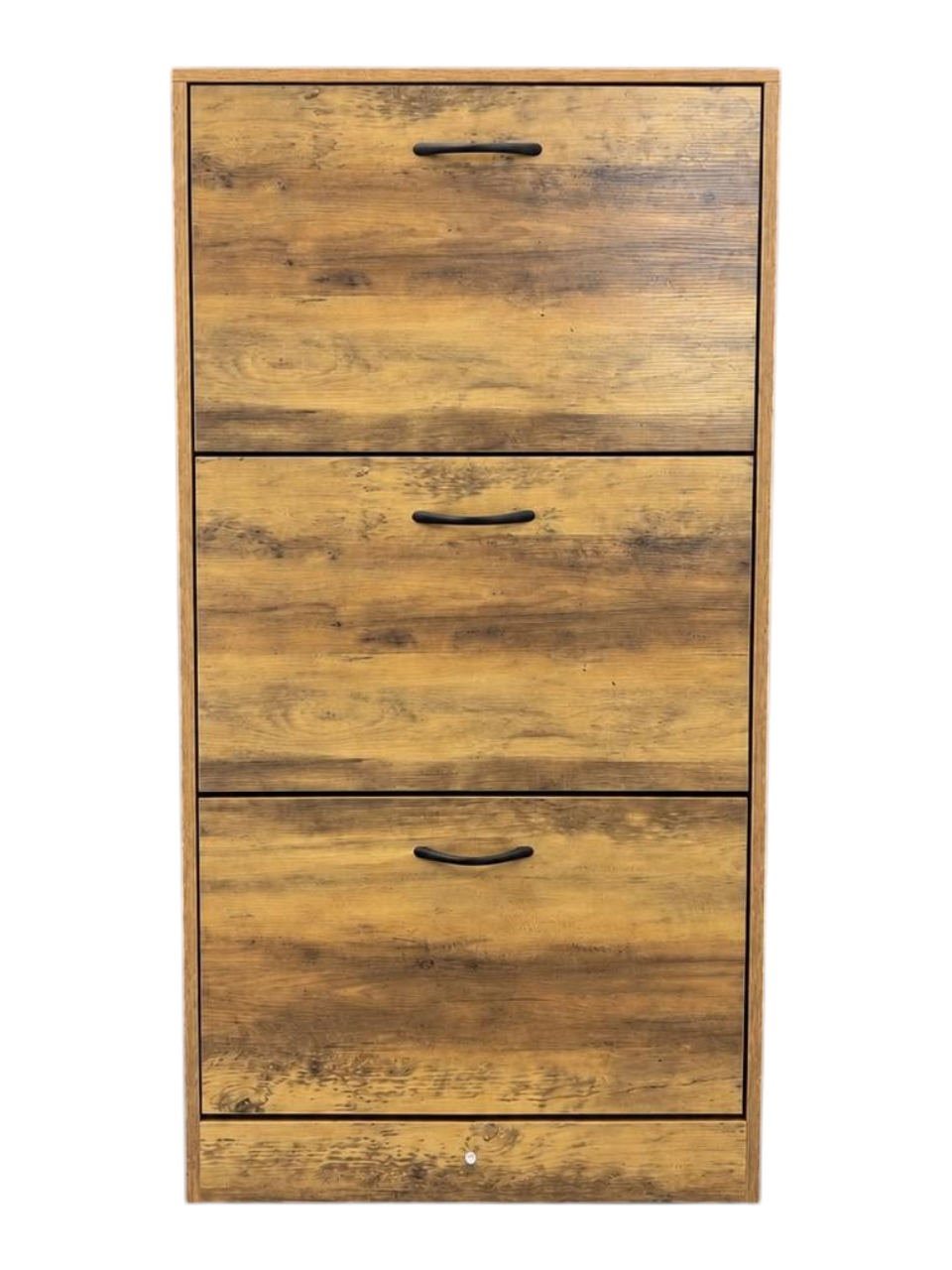 Zapatera vertical EASY STORE de madera MDF con tres compartimentos abatibles y tiradores negros modernos